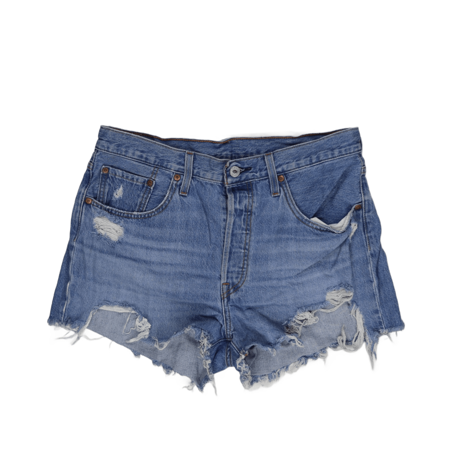 Levi's 501 Distressed High Waisted Blue Denim Shorts Womens 29 Vintage Look Raw Hem