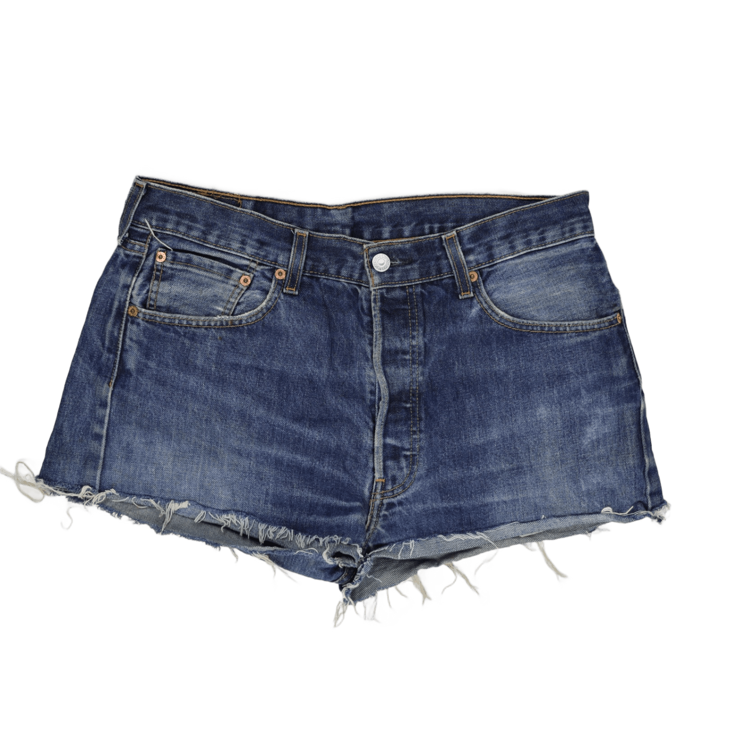 Levi's 501 High Rise Distressed Blue Denim Shorts Womens 34 Vintage Style - Frayed Hem Jeans