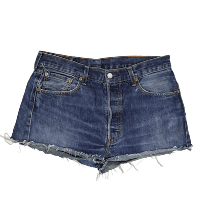 Levi's 501 High Rise Distressed Blue Denim Shorts Womens 34 Vintage Style - Frayed Hem Jeans
