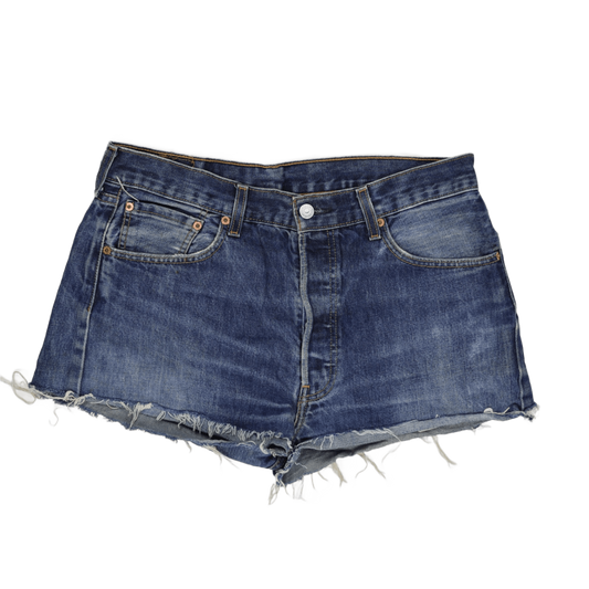 Levi's 501 High Rise Distressed Blue Denim Shorts Womens 34 Vintage Style - Frayed Hem Jeans