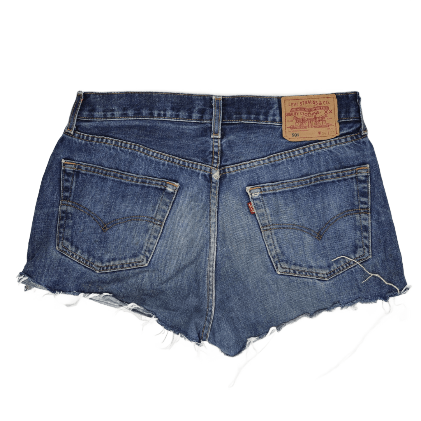 Levi's 501 High Rise Distressed Blue Denim Shorts Womens 34 Vintage Style - Frayed Hem Jeans