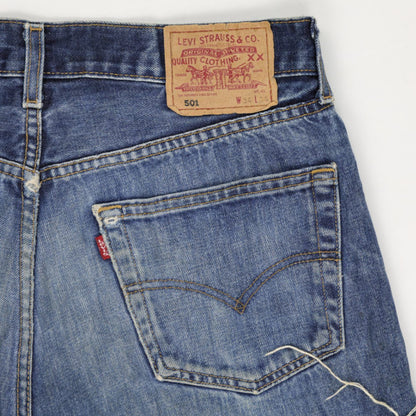 Levi's 501 High Rise Distressed Blue Denim Shorts Womens 34 Vintage Style - Frayed Hem Jeans
