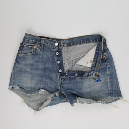 Levi's 501 Vintage Denim Cut Off Shorts W30 Blue Distressed Raw Hem Bug Embroidery