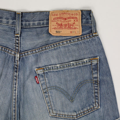 Levi's 501 Vintage Denim Cut Off Shorts W30 Blue Distressed Raw Hem Bug Embroidery