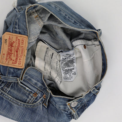 Levi's 501 Vintage Denim Cut Off Shorts W30 Blue Distressed Raw Hem Bug Embroidery