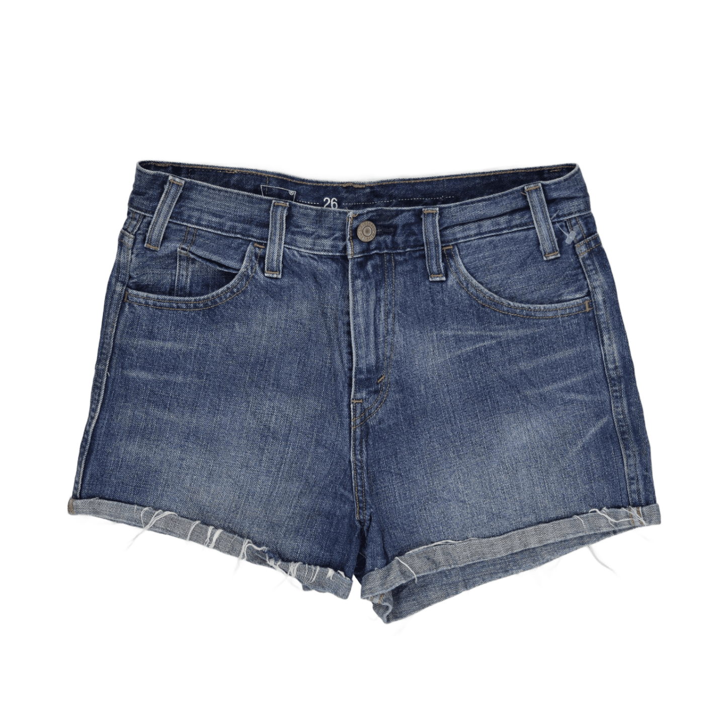 Levi's Women's Blue Denim High Waisted Raw Hem Shorts, Size 26, Perfect for Summer, Authentic Casual Style