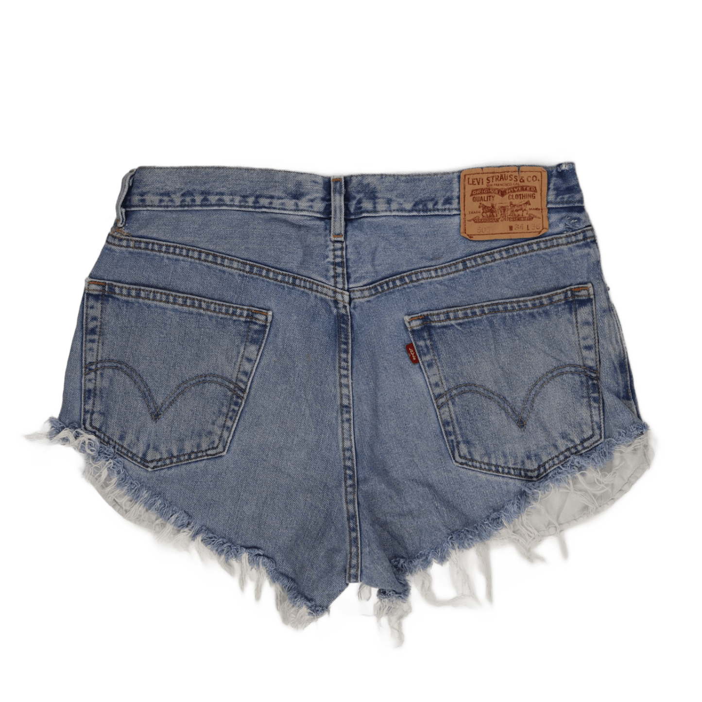 Levi's 505 Regular Fit High Waist Vintage Denim Cut Off Shorts W34 L36 Distressed Blue