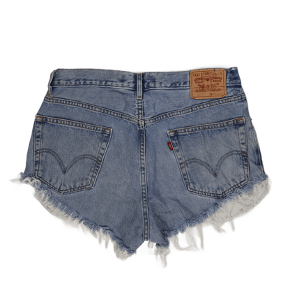 Levi's 505 Regular Fit High Waist Vintage Denim Cut Off Shorts W34 L36 Distressed Blue