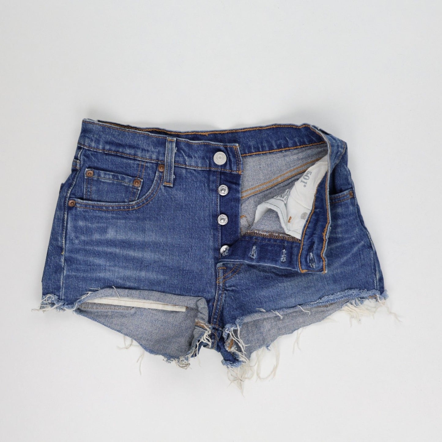 Levi's 501 High Rise Denim Cut Off Shorts Blue Distressed Vintage W30