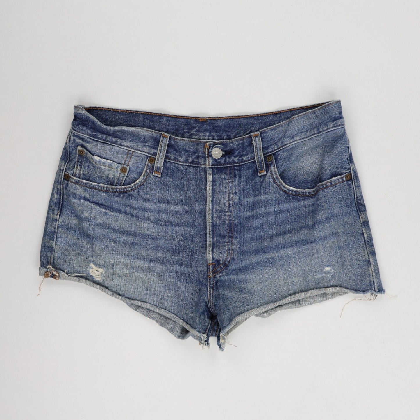 Levi's 501® Blue Denim Shorts Distressed Raw Hem Premium Eco-Friendly Cotton W30