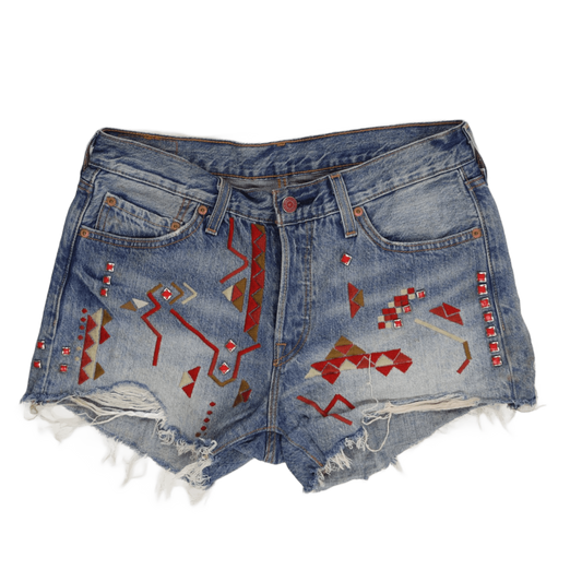 Levi's 501 Vintage Women's Studded Distressed Denim Shorts - Embroidered Blue Cut-Off Festival Style, Size 30
