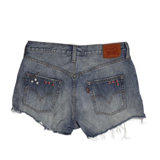 Levi's 501 Vintage Women's Studded Distressed Denim Shorts - Embroidered Blue Cut-Off Festival Style, Size 30
