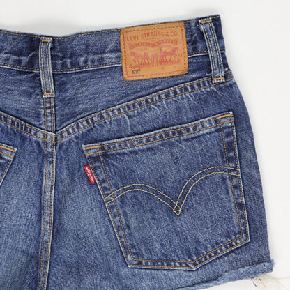 Levi's 501 High Rise Distressed Denim Shorts Womens Vintage Blue Raw Hem 28W