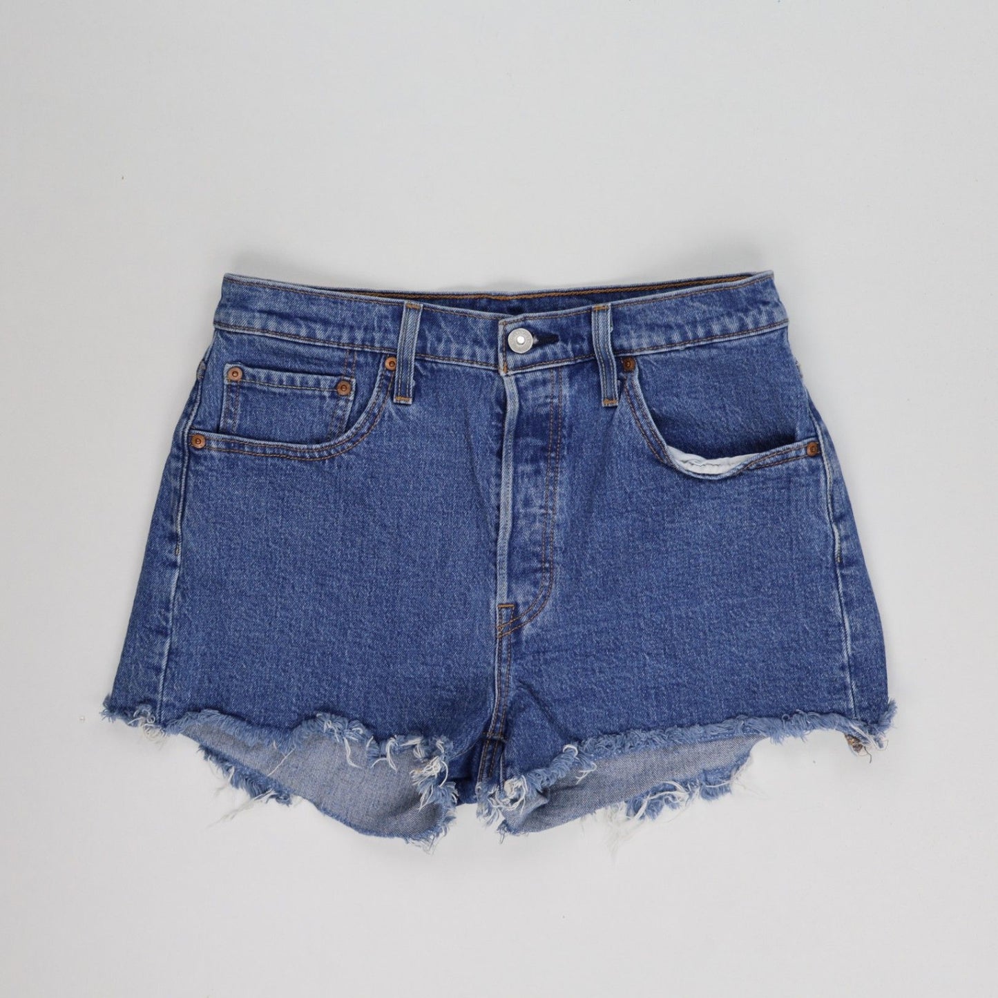 Levi's 501 High Rise Blue Denim Cut Off Shorts Distressed Frayed Hem Womens