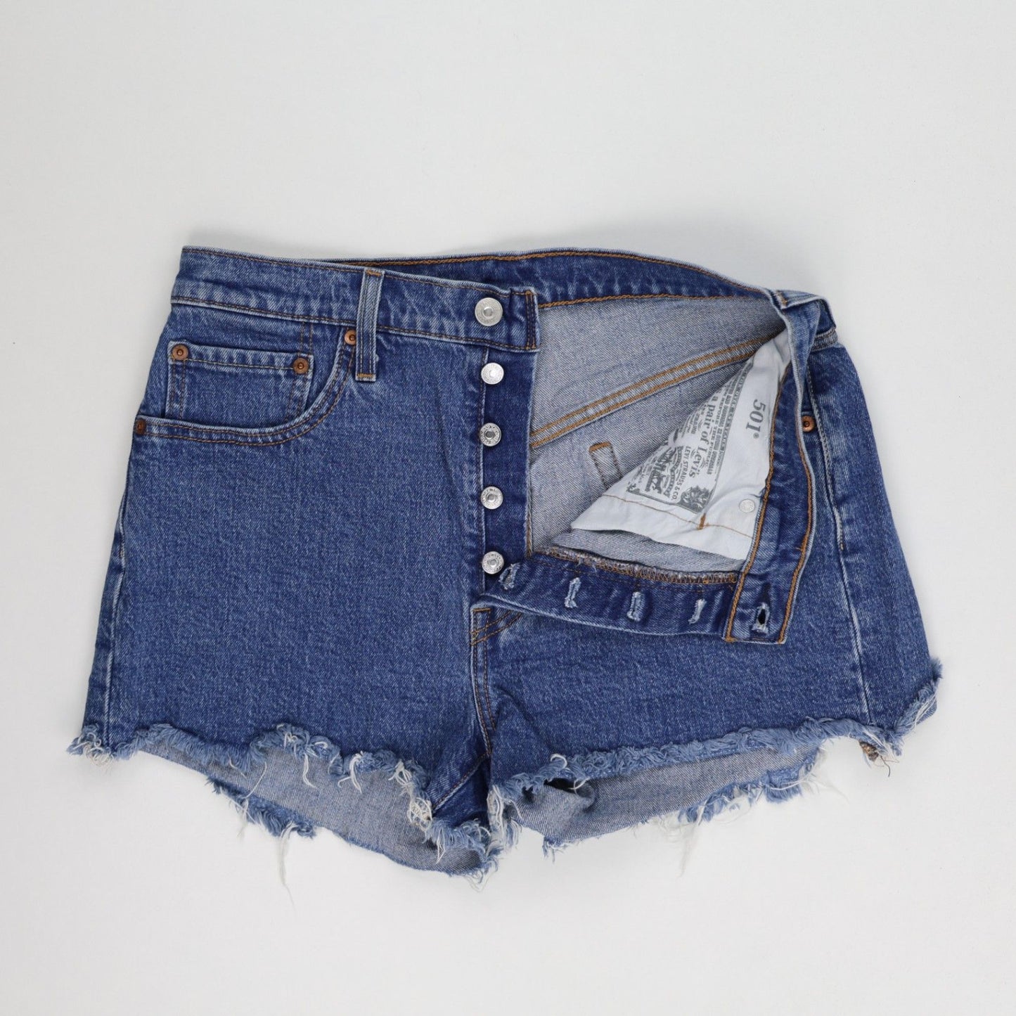 Levi's 501 High Rise Blue Denim Cut Off Shorts Distressed Frayed Hem Womens