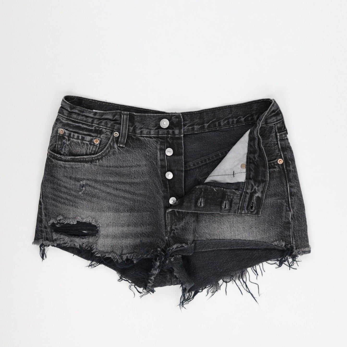 Levi's 501 Black Distressed Denim High Waist Shorts, 28W Authentic Vintage