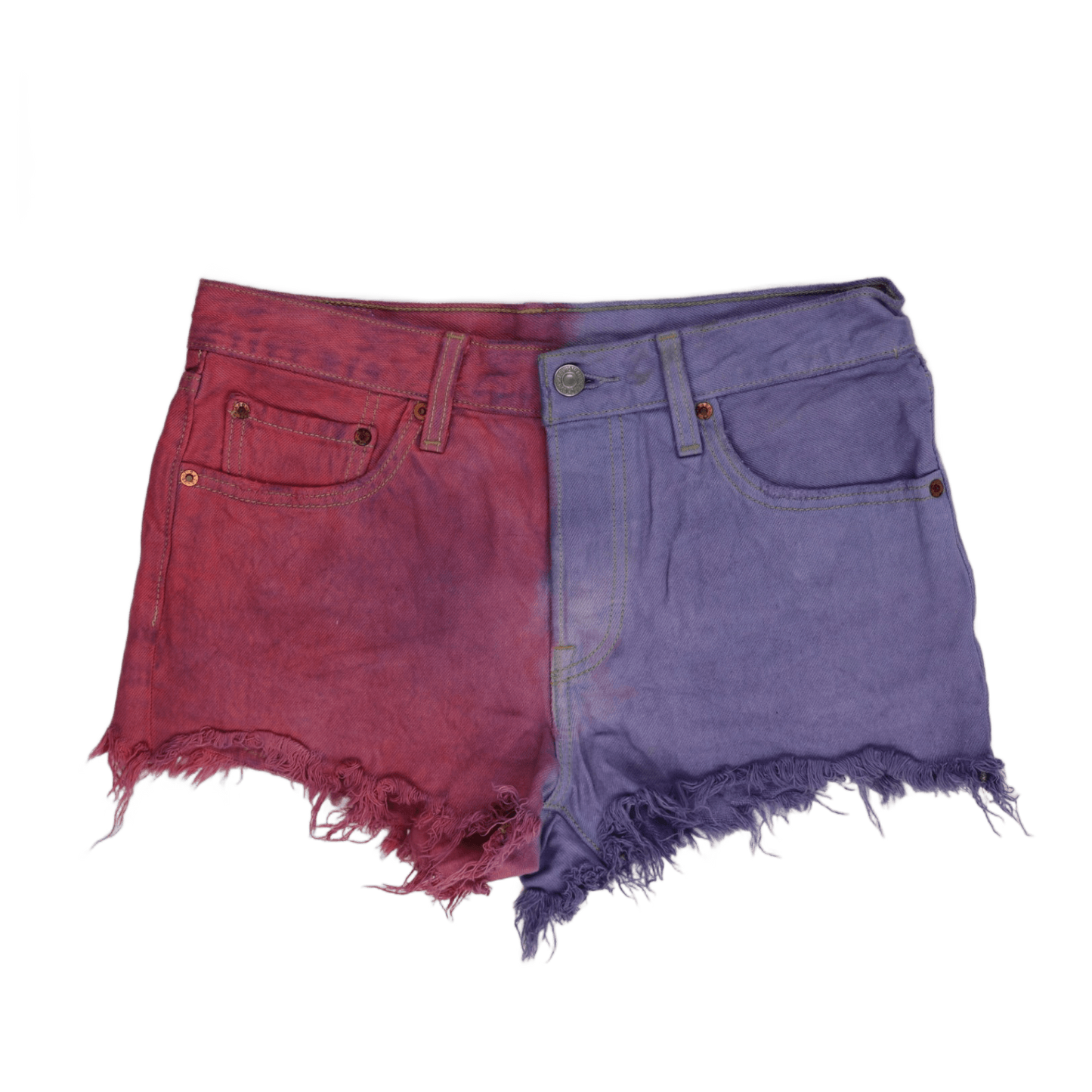 Levi's 501 Colourblock Red Purple Frayed Hem Denim Shorts W32 Unique Festival Style
