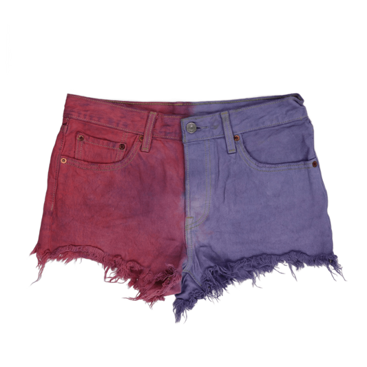 Levi's 501 Colourblock Red Purple Frayed Hem Denim Shorts W32 Unique Festival Style