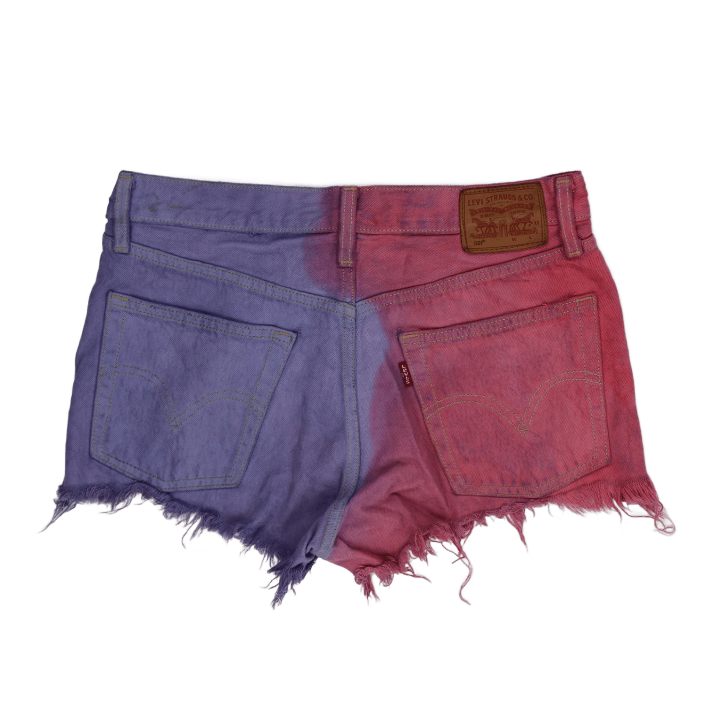 Levi's 501 Colourblock Red Purple Frayed Hem Denim Shorts W32 Unique Festival Style