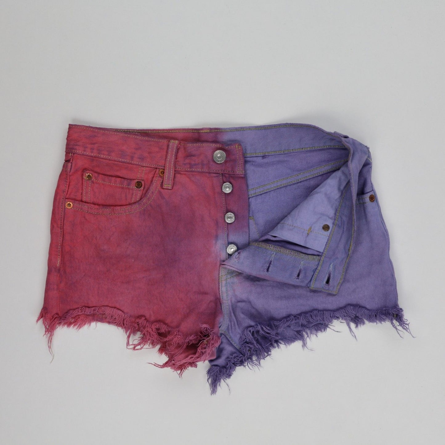 Levi's 501 Colourblock Red Purple Frayed Hem Denim Shorts W32 Unique Festival Style
