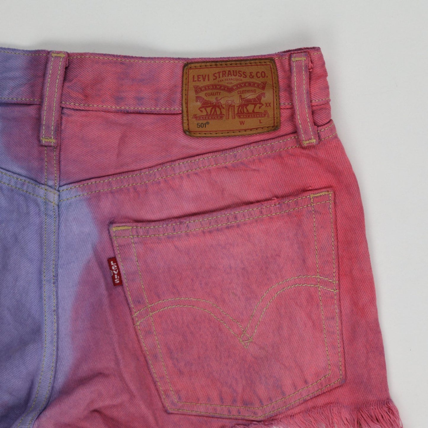 Levi's 501 Colourblock Red Purple Frayed Hem Denim Shorts W32 Unique Festival Style
