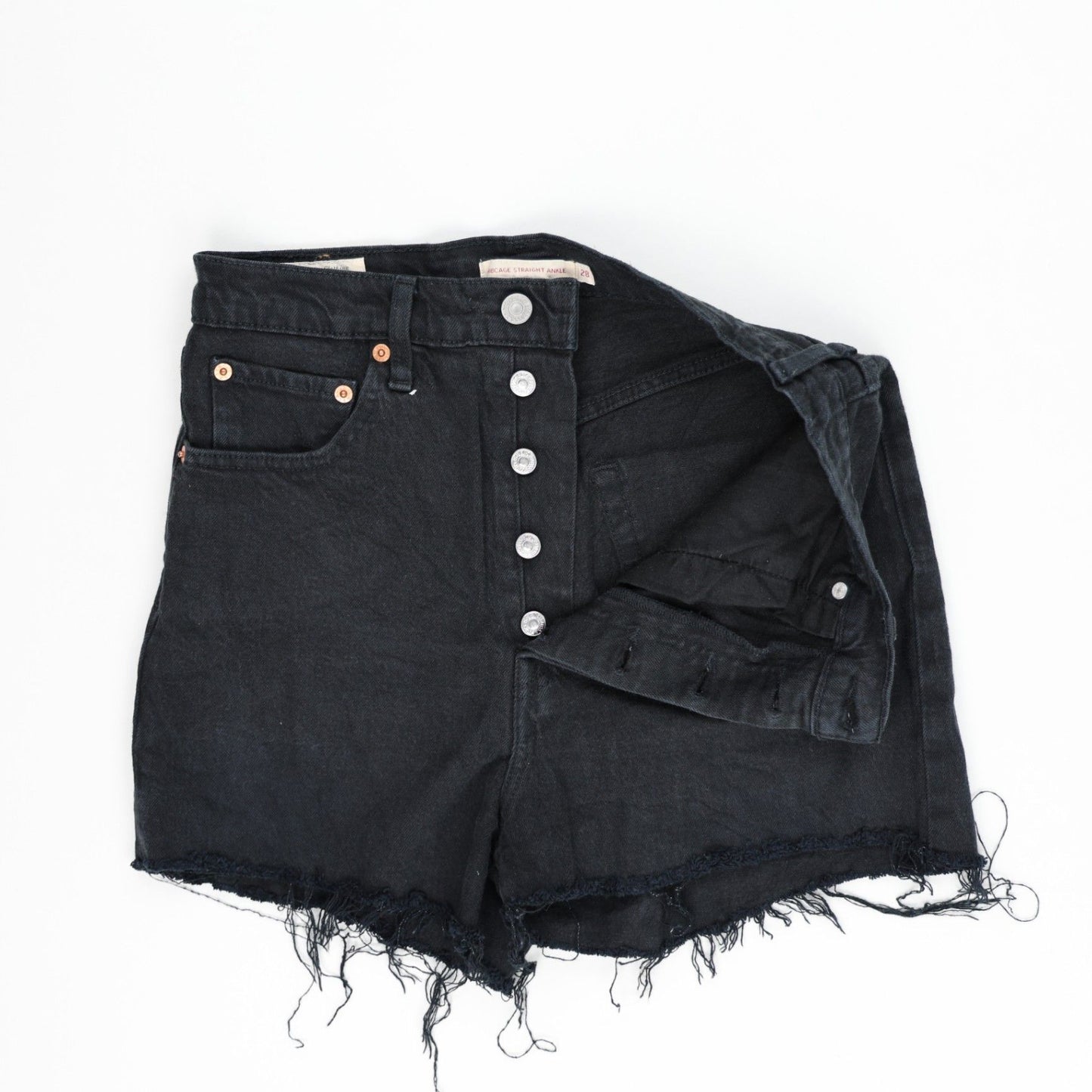 Levi's High Rise Black Denim Cut-Off Shorts, Size 26, Button Fly, Waterless, Womens