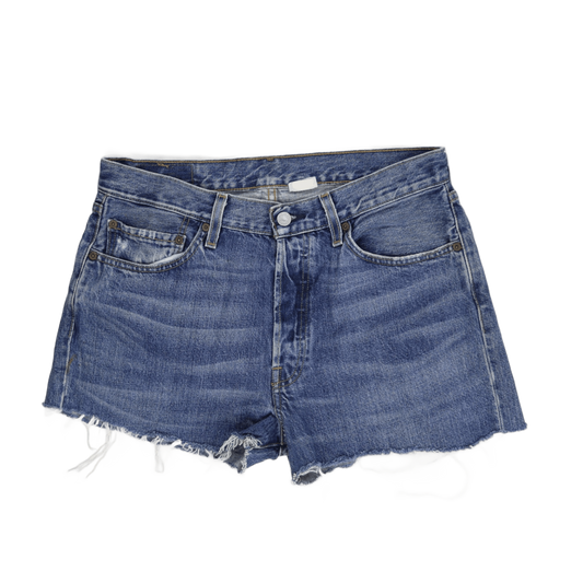 Levi's 501 Custom Blue Denim Raw Hem Shorts with Hand Painted Green Detail, Size 32, Vintage-Inspired Summer Essential