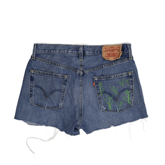 Levi's 501 Custom Blue Denim Raw Hem Shorts with Hand Painted Green Detail, Size 32, Vintage-Inspired Summer Essential
