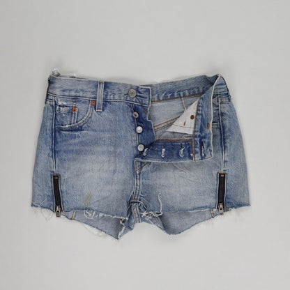 Levi's Mid Blue Denim Raw Hem Zip Detail Shorts - Women’s UK 10 Vintage Style