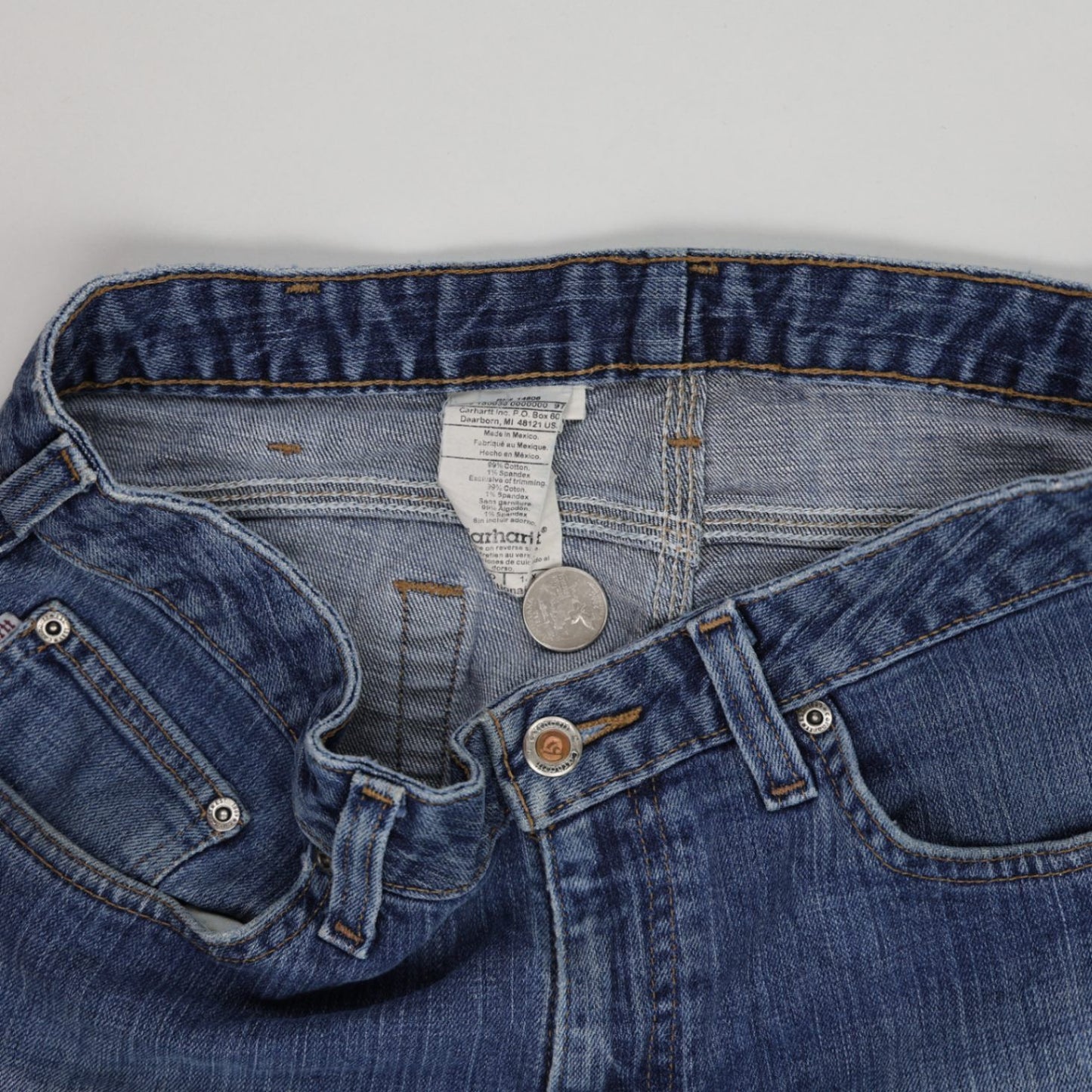 Carhartt Vintage Distressed Denim Cut Off Shorts Blue Medium 9 Inch Inseam Cotton