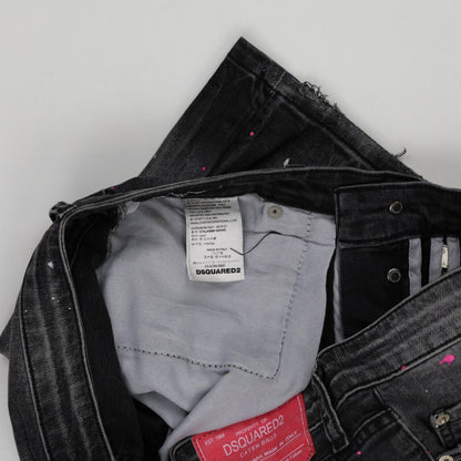DSQUARED2 Grey Distressed Paint-Splatter Denim Shorts Size 48 Large Cotton