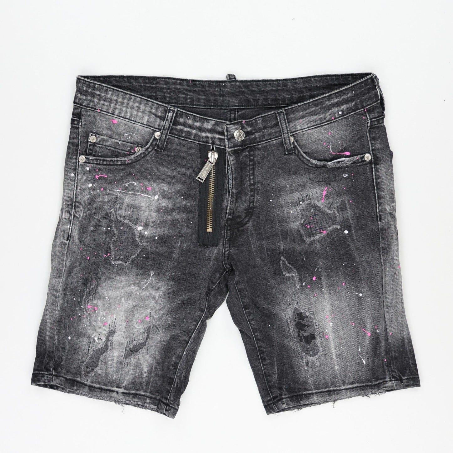 DSQUARED2 Grey Distressed Paint-Splatter Denim Shorts Size 48 Large Cotton