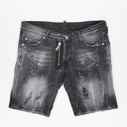 DSQUARED2 Grey Distressed Paint-Splatter Denim Shorts Size 48 Large Cotton