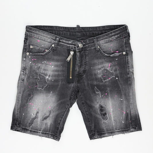 DSQUARED2 Grey Distressed Paint-Splatter Denim Shorts Size 48 Large Cotton