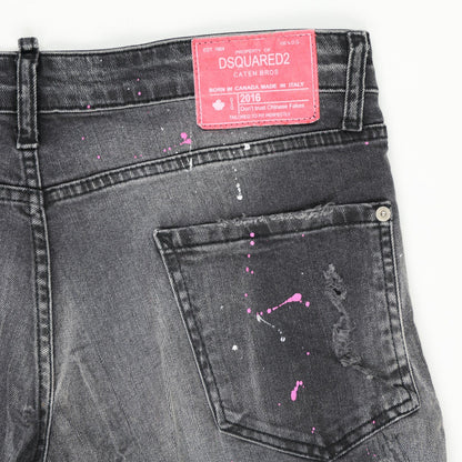 DSQUARED2 Grey Distressed Paint-Splatter Denim Shorts Size 48 Large Cotton