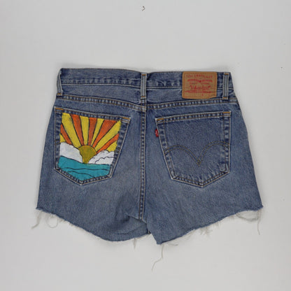 Levi's 516 Vintage Slim Fit Denim Shorts Blue 32W Cotton Hand-Painted
