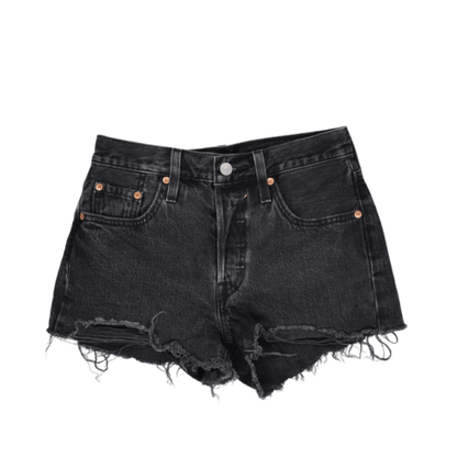 Levi's 501 Waterless Black Denim High Waisted Distressed Shorts W26 UK 8 100 Percent Cotton Vintage