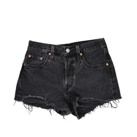 Levi's 501 Waterless Black Denim High Waisted Distressed Shorts W26 UK 8 100 Percent Cotton Vintage