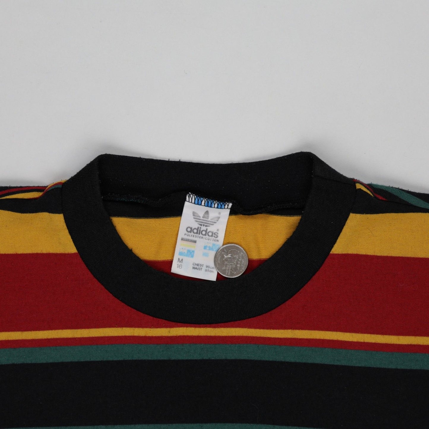 Adidas Vintage Multicolour Striped Crew Neck T-Shirt Medium Polyester Cotton Unisex Casual Streetwear