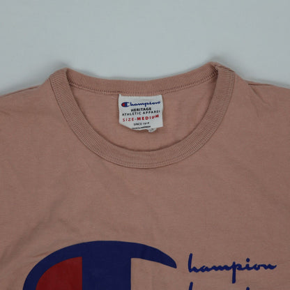 Champion Graphic Logo T-Shirt Unisex Medium Pink Cotton Crew Neck