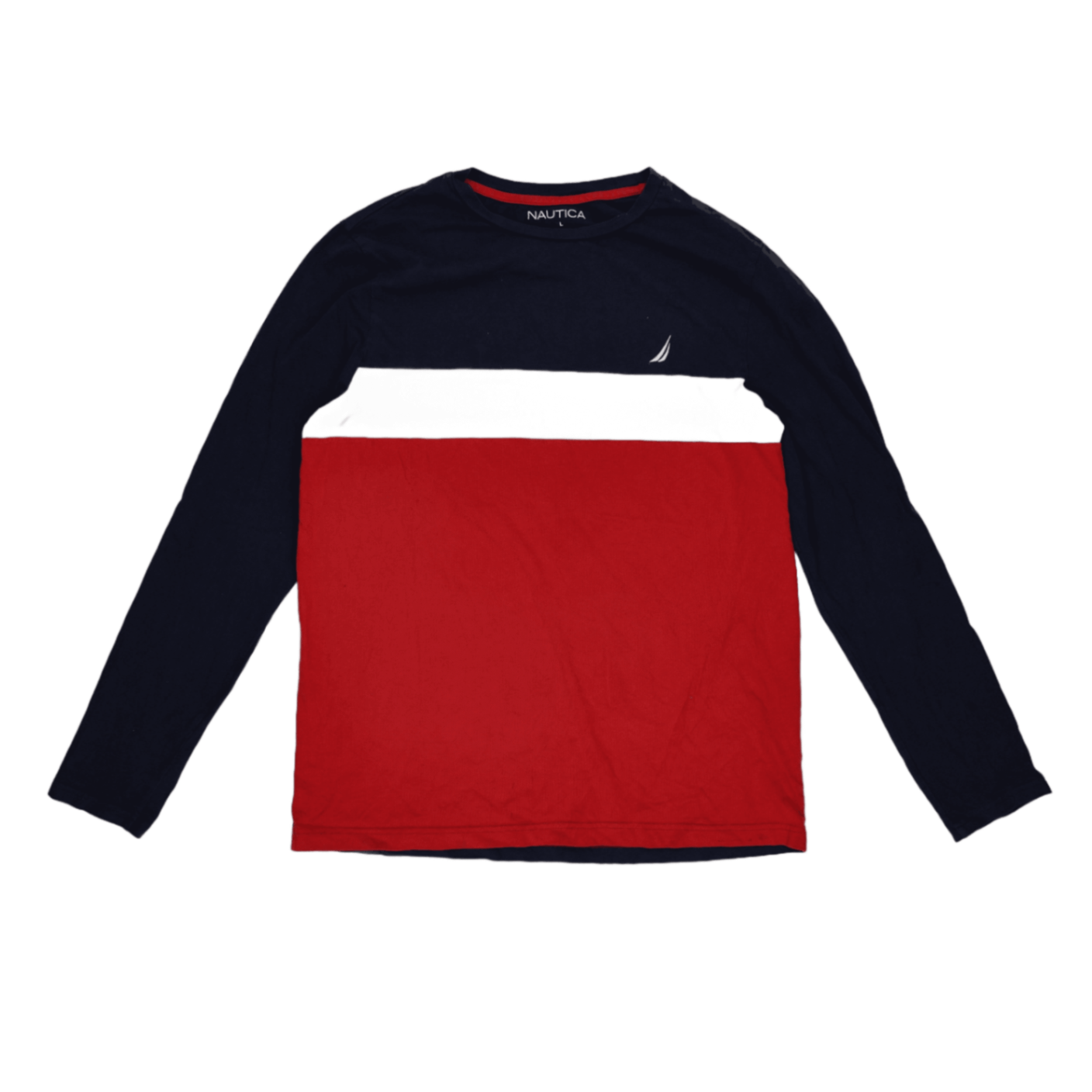 Nautica Colourblock Long Sleeve T-Shirt Navy Red Large 100 Percent Cotton Crew Neck