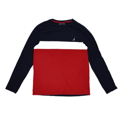 Nautica Colourblock Long Sleeve T-Shirt Navy Red Large 100 Percent Cotton Crew Neck