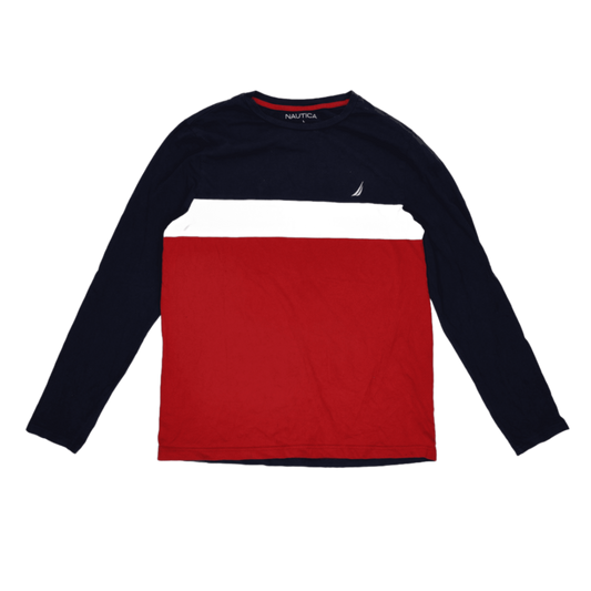 Nautica Colourblock Long Sleeve T-Shirt Navy Red Large 100 Percent Cotton Crew Neck