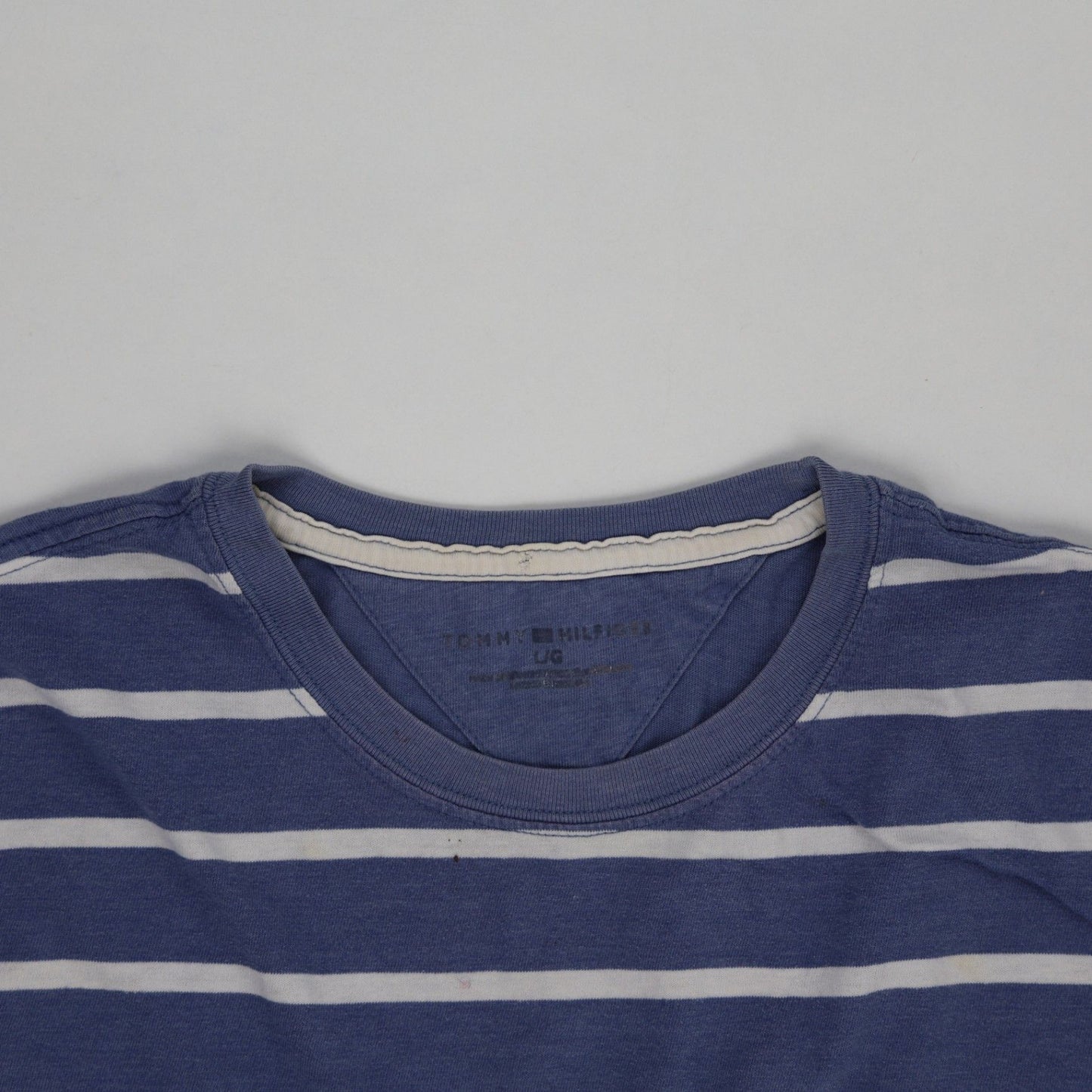 Tommy Hilfiger Blue White Striped T-Shirt Large Cotton Crew Neck