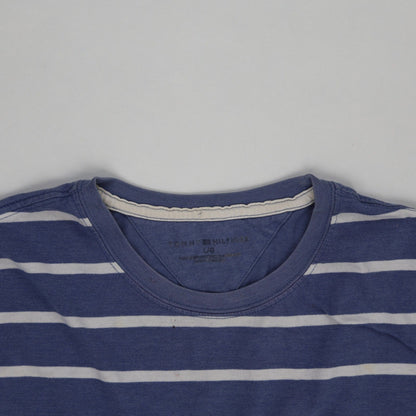 Tommy Hilfiger Blue White Striped T-Shirt Large Cotton Crew Neck