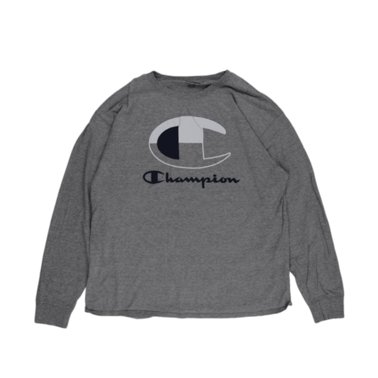 Champion Grey Long Sleeve T-Shirt XL Cotton Blend Crew Neck Casual