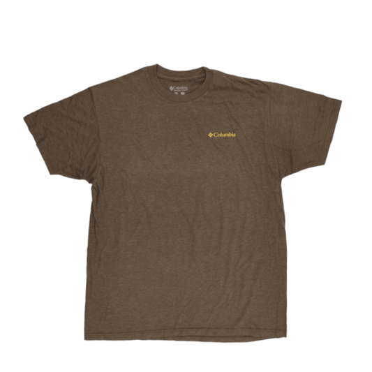 Columbia Brown Graphic Logo Outdoor T-Shirt Men's Large 60 Cotton 40 Polyester Crew Neck
