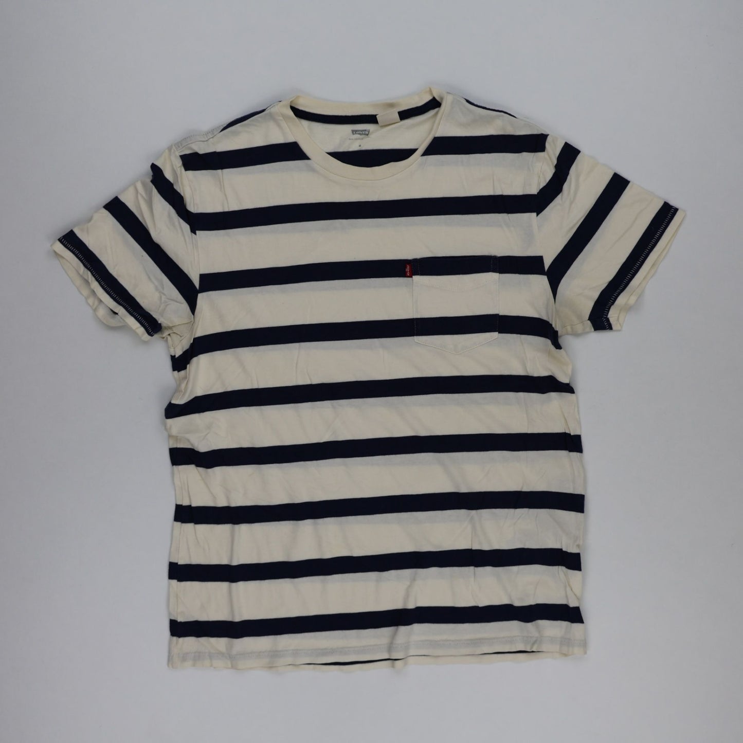 Levi's Men's Cream Navy Striped Casual T-Shirt Medium Cotton Crewneck Vintage