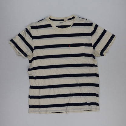 Levi's Men's Cream Navy Striped Casual T-Shirt Medium Cotton Crewneck Vintage