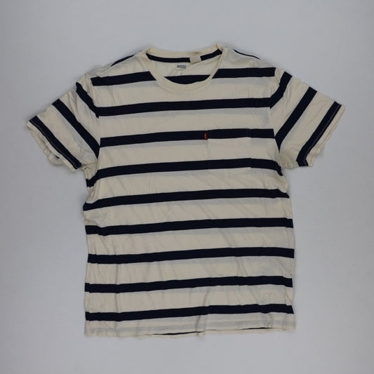 Levi's Men's Cream Navy Striped Casual T-Shirt Medium Cotton Crewneck Vintage